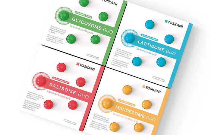 Los cuatro tipos de peelings liposomados cada uno formulado para diferentes necesidades cutáneas.
