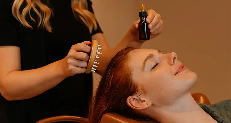 Momento de relajación durante una sesión de spa capilar en Murcia, donde se aplican aceites esenciales y masaje con cepillo para estimular el cuero cabelludo. 